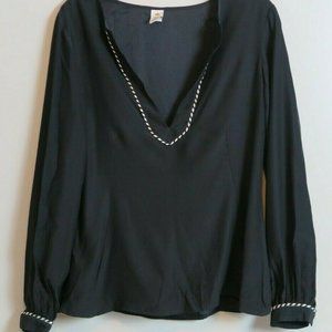 ABAETE Black V-Neck 100% Silk Black/White Trim Blouse Size M Made in USA